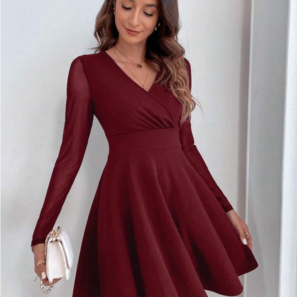 SHEIN Mesh Sleeve Knee Length Dress - Burgundy - Picture 2 of 9